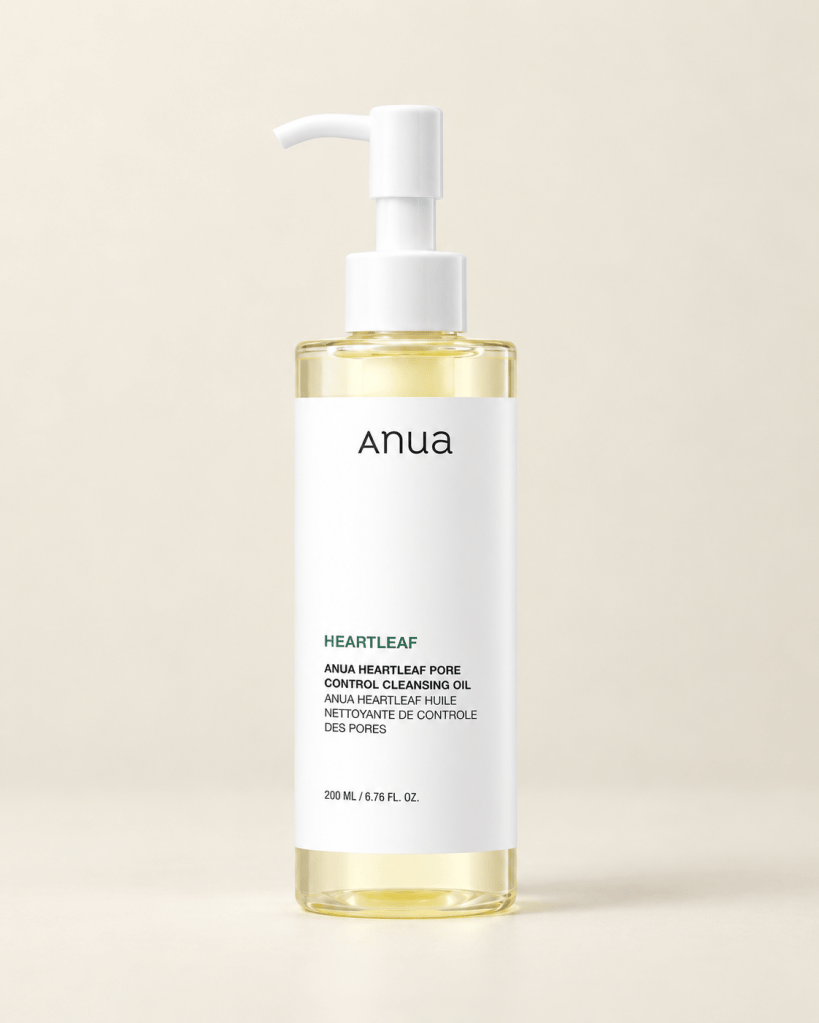 Anua Heartleaf Pore Control Cleansing Oil on a light neutral background.