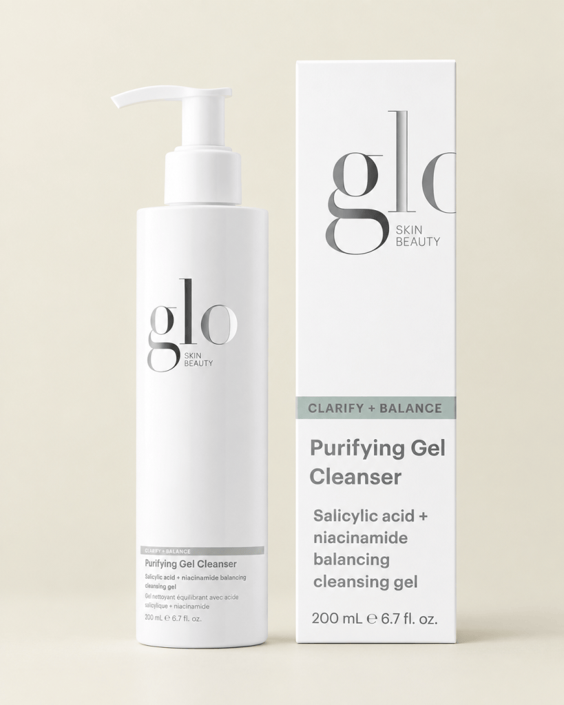 Glo Skin Beauty Purifying Gel Cleanser on a soft beige background.