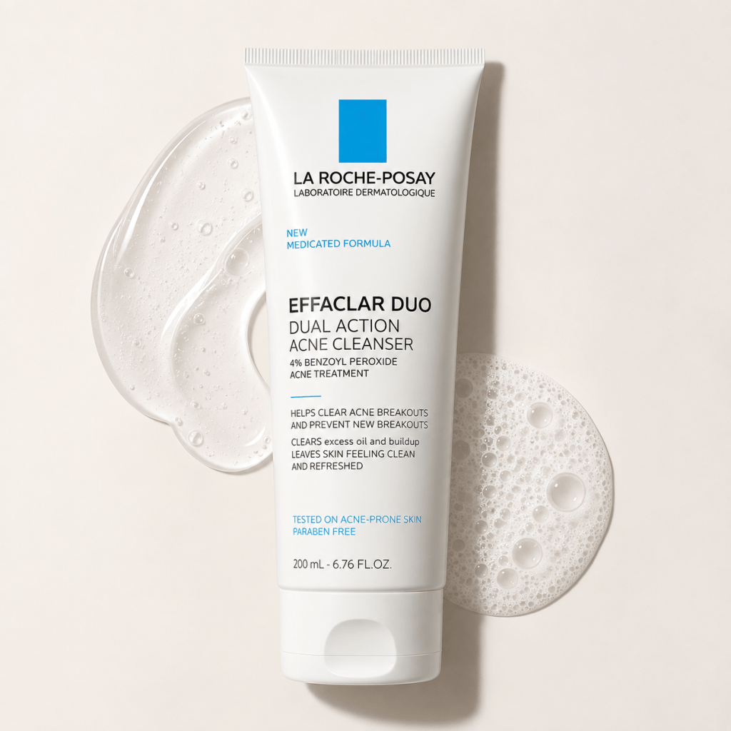 La Roche-Posay Effaclar Duo Acne Cleanser on a pale beige background with gel and foam textures.